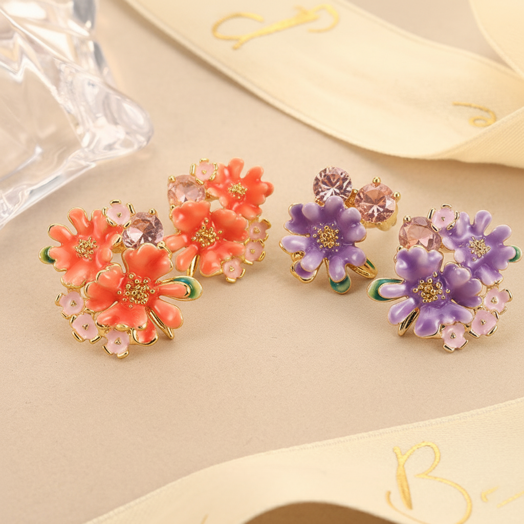 Cluster Stud Ear - Colorful Enamel Floral Stud Earrings Pink